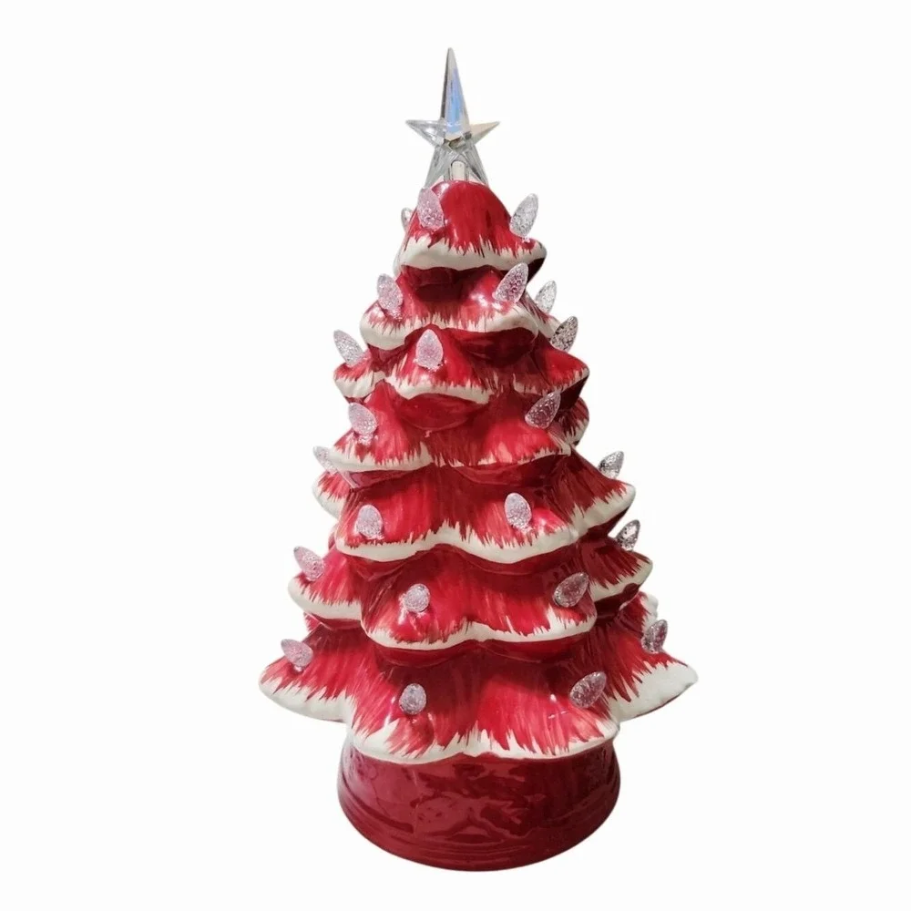 Red White Ceramic Light Up Christmas‎ Tree Clear Star Topper Battery Timer Model